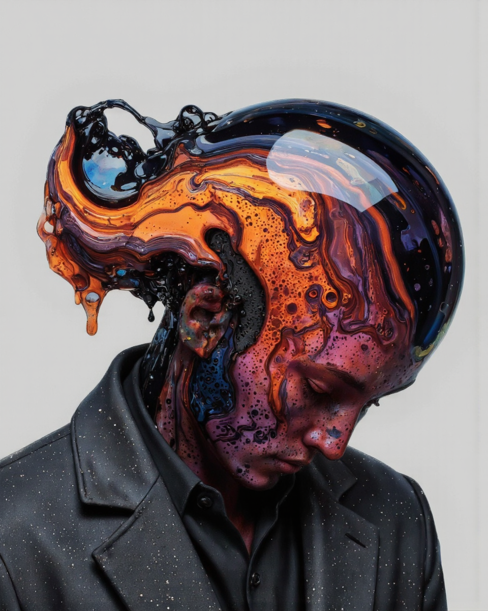 Delirium style. This is a digital artwork featuring an abstract, organic form composed of glossy, fluid surfaces. The central focus is a curving, almost human-like shape that appears to be a fusion of two bodies, with the upper body resembling a head and the lower body resembling a torso. The form is primarily rendered in shades of black, dark blue, and vibrant orange, creating a striking contrast. The surface of the form is highly reflective, giving it a wet, almost liquid quality, and it is covered in small, dark bubbles and droplets that add texture and depth.
The background is a solid, muted gray, which helps to emphasize the fluidity and color contrast of the main subject. The artwork uses a high level of detail and realism, with the glossy surfaces capturing light in a way that creates a sense of movement and fluidity. The style is modern and abstract, with a focus on form and texture rather than realism. The overall aesthetic is futuristic and otherworldly, evoking a sense of mystery and intrigue. The image is likely created using advanced digital software, allowing for precise manipulation of light and color to achieve the desired effect. <lora:Bonafida.Studio:0.9> <lora:Fluxartis_Photography:0.8>