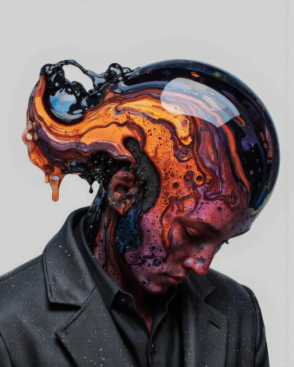 Delirium style. This is a digital artwork featuring an abstract, organic form composed of glossy, fluid surfaces. The central focus is a curving, almost human-like shape that appears to be a fusion of two bodies, with the upper body resembling a head and the lower body resembling a torso. The form is primarily rendered in shades of black, dark blue, and vibrant orange, creating a striking contrast. The surface of the form is highly reflective, giving it a wet, almost liquid quality, and it is covered in small, dark bubbles and droplets that add texture and depth.
The background is a solid, muted gray, which helps to emphasize the fluidity and color contrast of the main subject. The artwork uses a high level of detail and realism, with the glossy surfaces capturing light in a way that creates a sense of movement and fluidity. The style is modern and abstract, with a focus on form and texture rather than realism. The overall aesthetic is futuristic and otherworldly, evoking a sense of mystery and intrigue. The image is likely created using advanced digital software, allowing for precise manipulation of light and color to achieve the desired effect. <lora:Bonafida.Studio:0.9> <lora:Fluxartis_Photography:0.8>