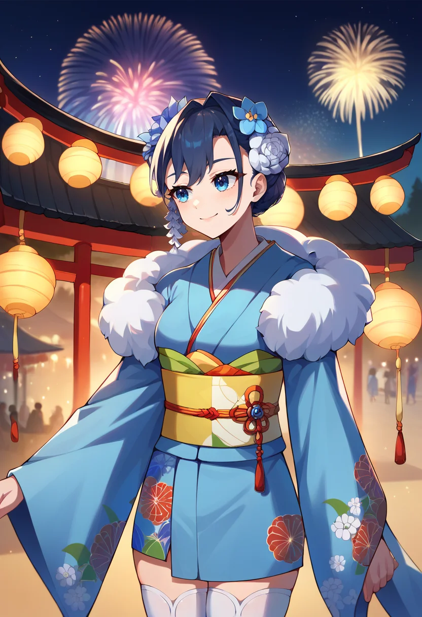 score_9, score_8_up, score_7_up, 1girl, solo, KroniiNewYears, short hair, hair flower, hair bun, blue kimono, floral print, sash, white thighhighs, fur scarf, outdoors, night, festival, fireworks, shrine, smile, <lora:CHAR-OuroKroniiPonyXL:1>