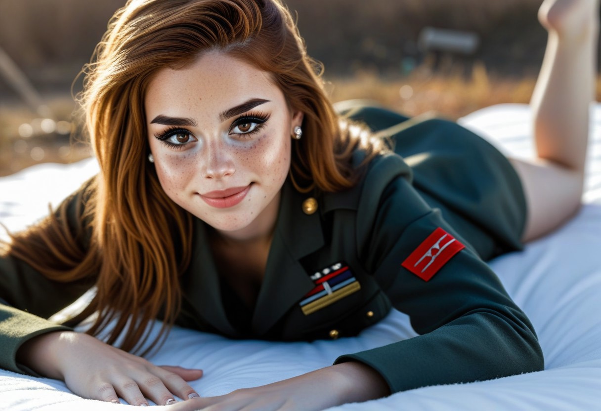 40% desaturated colours, realistic photo, photorealistic, 24yo busty M4L4K posing outdoor, various long hairstyles, freckles, perfect proportions, (big breasts), deep cleavage, wear uniform, winter season environment, (8k) (HDR)