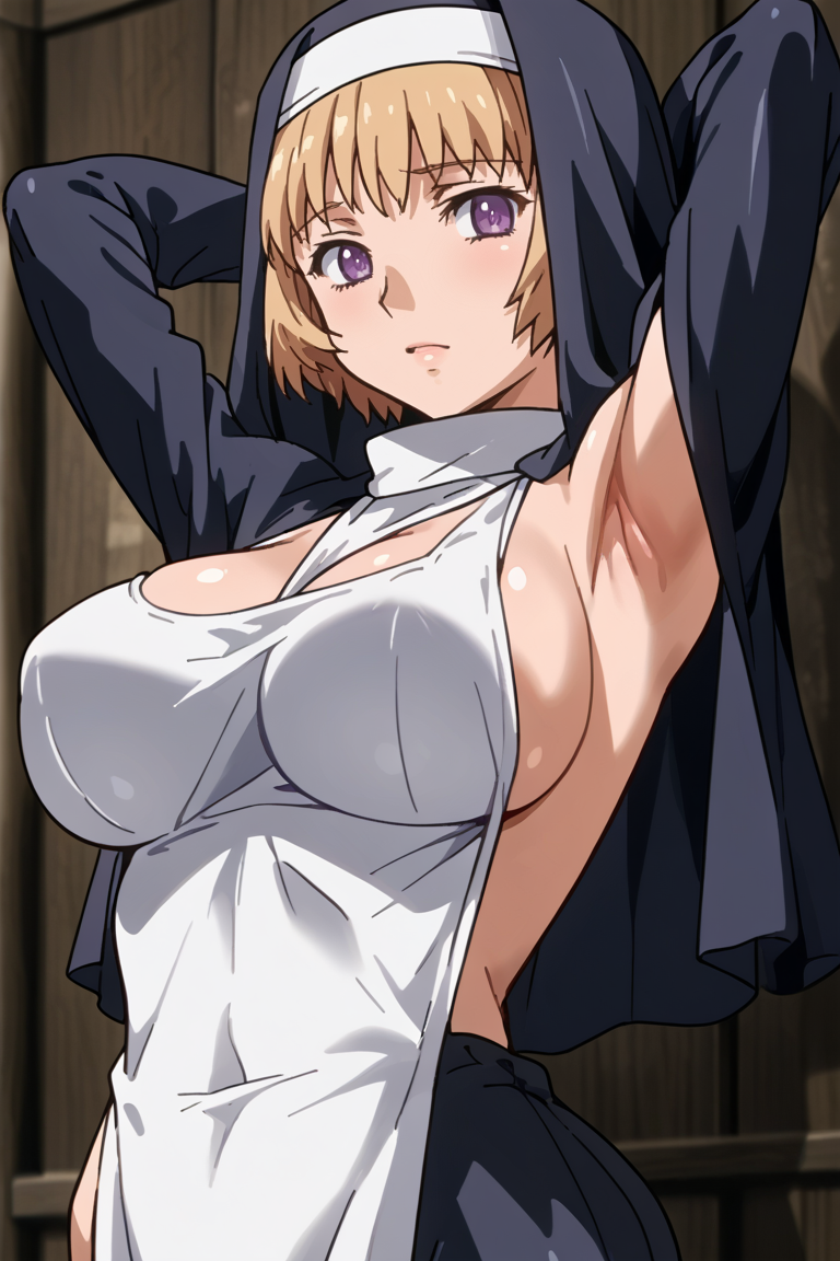 source_anine, breasts, 1girl, , nun, , large breasts, solo, purple eyes, , blonde hair, robe, short hair, hands behind head, armpits