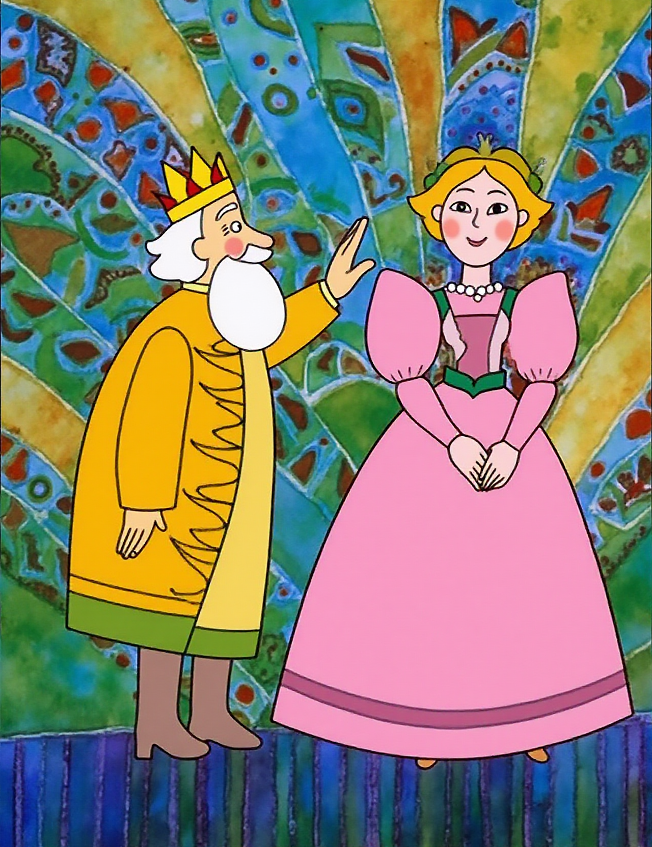 Folk tale in the style of hunfolstyle, featuring two characters from a whimsical, fairy tale-like setting. On the left, an elderly man with a long white beard and a crown stands with a regal posture. He wears a yellow robe adorned with intricate patterns and a green belt, and he has a gentle, benevolent expression. His right hand is extended towards the young woman on the right, indicating a welcoming or supportive gesture.
The young woman, positioned in the center, is dressed in a flowing pink dress with voluminous sleeves and a high collar. She has blonde hair styled in a bun, and her expression is serene and joyful. Her dress is accented with a green sash, and she stands with her hands clasped in front of her, exuding a sense of grace and elegance.
The background is a rich tapestry of colorful, abstract patterns in shades of blue, green, and orange, with stylized floral and geometric designs. The bottom of the painting features a striped pattern in various shades of blue, adding depth and texture to the overall composition. The colors and textures of the painting are soft and fluid, creating a dreamlike, almost ethereal atmosphere. 