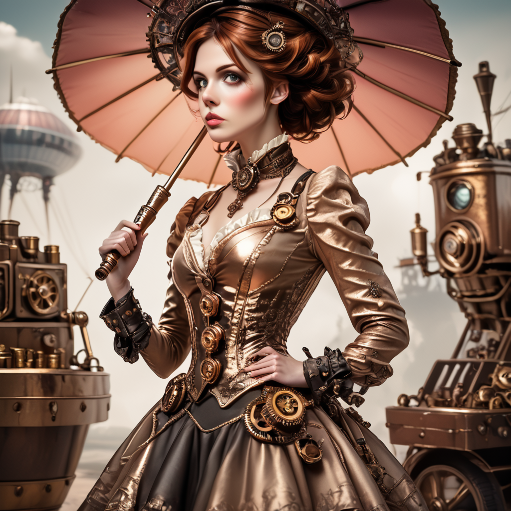core_9, score_8_up, score_7_up, score_6_up,  <lora:RococoSteampunkPony:1>  ArsMJStyle, Rococo Steampunk, The image shows a woman in an elaborate dress with brass gears embedded into the fabric. She is holding a mechanical parasol and standing in front of an ornate airship dress, parasol, airship, gears, rococo, brass, standing, steampunk, detailed clothing, solo, feminine