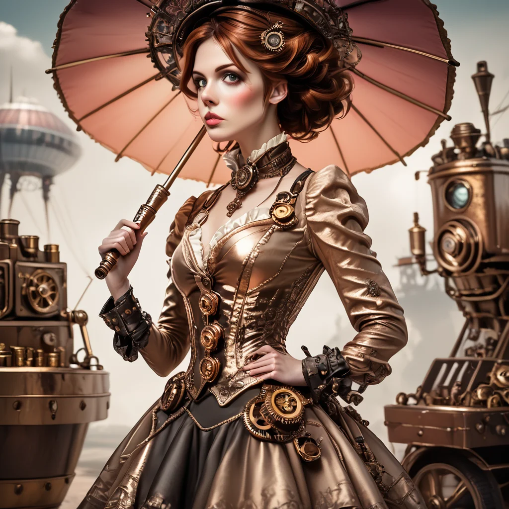 core_9, score_8_up, score_7_up, score_6_up, <lora:RococoSteampunkPony:1> ArsMJStyle, Rococo Steampunk, The image shows a woman in an elaborate dress with brass gears embedded into the fabric. She is holding a mechanical parasol and standing in front of an ornate airship dress, parasol, airship, gears, rococo, brass, standing, steampunk, detailed clothing, solo, feminine