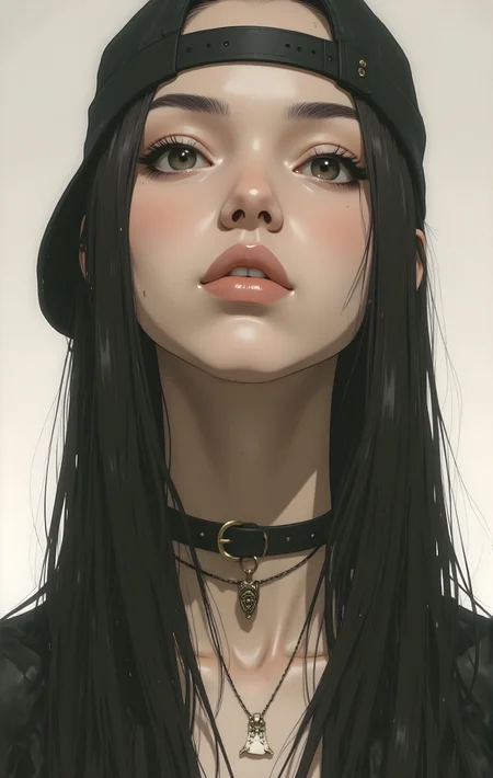 The photo features a person with long, straight black hair that cascades down past their shoulders. They are wearing a black cap turned backward, which frames their face. The individual has a fair complexion and is adorned with subtle makeup, including defined eyebrows, eyeliner, and a glossy lip color. Around their neck, they wear a thin black choker necklace with a small, intricate pendant hanging from it. The background is plain and light-colored, which helps to highlight the subject's features and attire. The overall look is stylish and modern, with a touch of edginess due to the cap and choker.
j_art, anime, anime art, <lora:FLUX\jul\J_Anime:1.0>, <lora:FLUX\Anime Art V3:0.1>, <lora:FLUX\RM_Artistify_v1.0M:0.1>, <lora:FLUX\RetroAnimeS1.1:0.1>