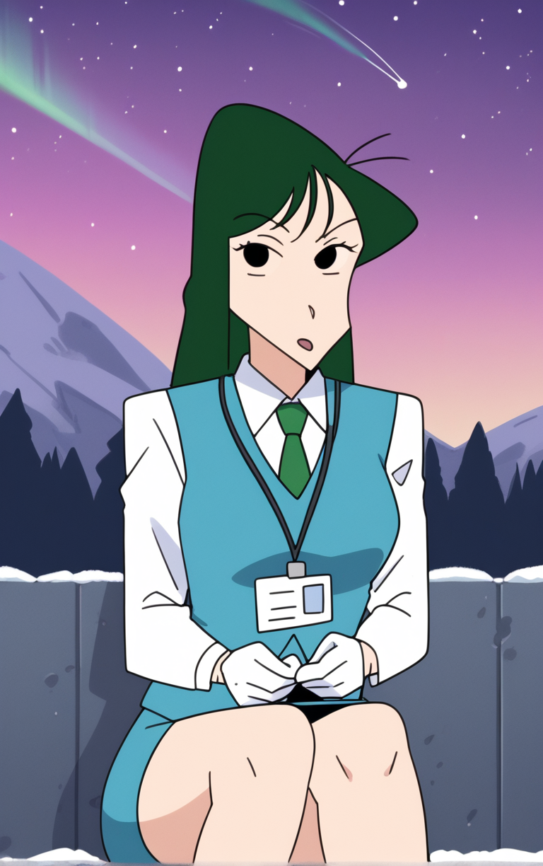 score_9, score_8_up, score_7_up, looking at viewer,  BREAK
Vest_UmeMatsuzaka_ownwaifu, 
1girl, black hair, green hair, straight hair, long hair, black eyes,  
long sleeves, blue vest, white shirt, id card, blue skirt, green necktie, necktie, collared shirt, office lady, white gloves, pencil skirt, shirt, skirt, vest,
(sitting, looking up), aurora, shooting star,  star \(sky\), winter, snow, night, scenery, outdoors,  <lora:PONYXL_ShinChan_UmeMatsuzaka_ownwaifu:0.75> , depth of field, solo,