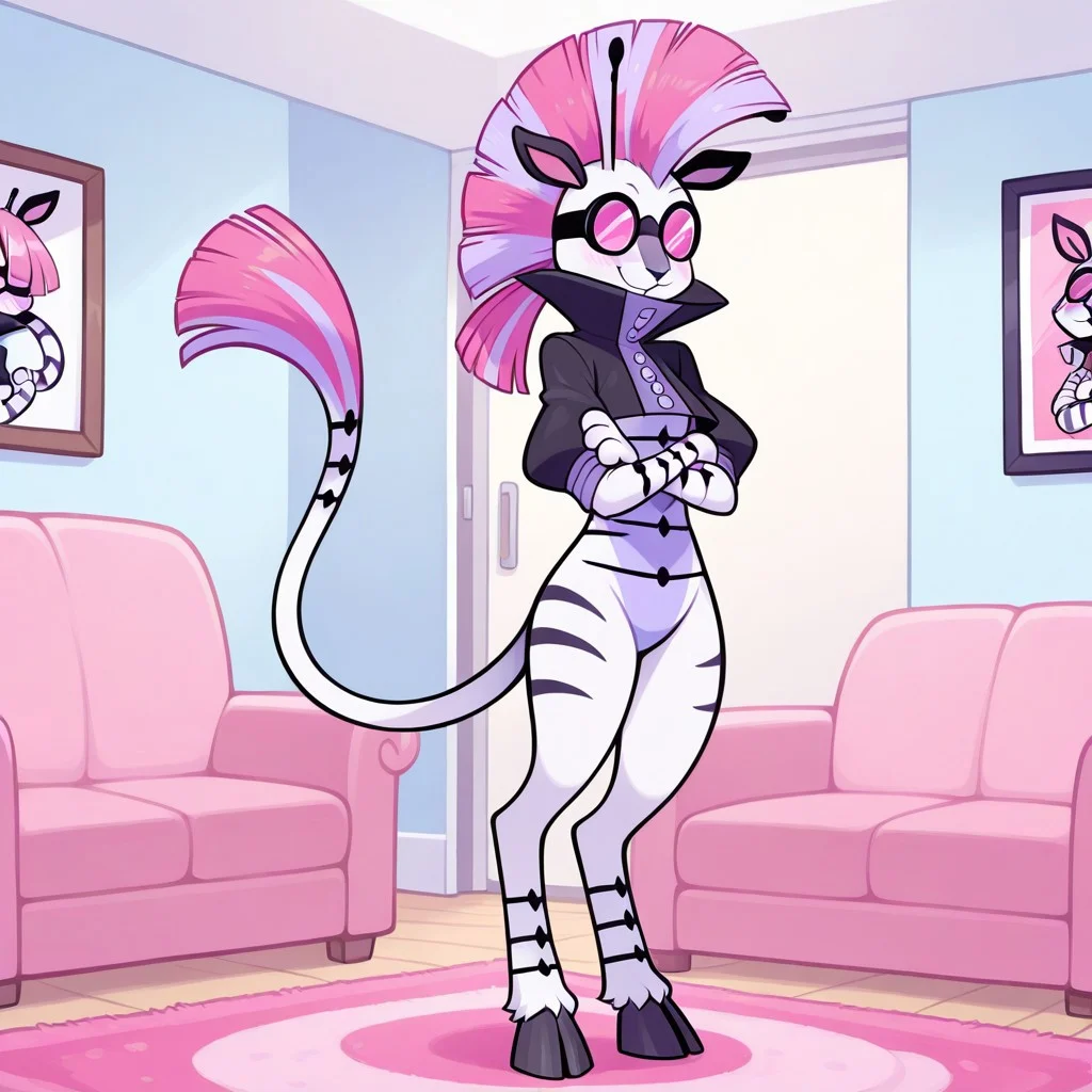 K1d_Neon(F), Solo, 1girl, anthro, furry female, tiger, goat, hybrid, white and blue fur, striped fur, black stripes, pink and blue hair, two-toned hair, mohawk, black ears, antennae, pink eyes, hooves, long tail, black goggles, black cropped jacket, short sleeves, looking at viewer, arms crossed, full body, smiling, standing, living room background
