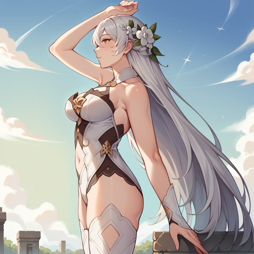 score_9_up, score_8_up, score_7_up, score_6_up, source_anime, 1girl, solo, HoV, HoV_Magic, masterpiece, best quality, sun light, face focus, perfect face, face close up,, close up, floating, from side, looking ahead, from below, field of depth, raised arm above head, toeless footwear, long hair, white hair, yellow eyes, hair between eyes, navel, bare shoulders, white thighhighs, white leotard, hair flower, white flower, mature body, dynamic cowboy shot, outdoors, white roses, ancient ruins, garden background