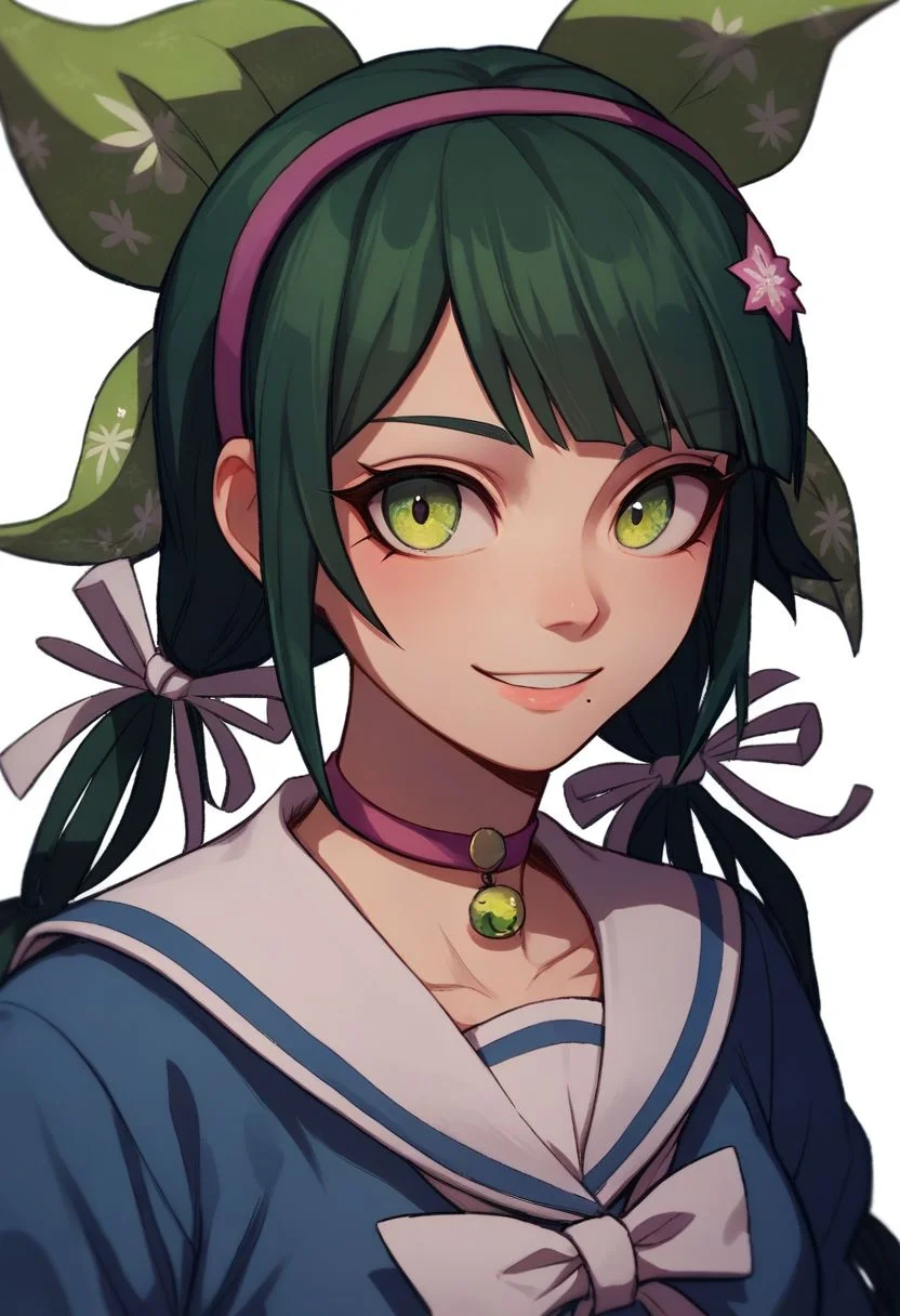 score_9, score_8_up, score_7_up, source_anime, solo, 1girl, Tenko Chabashira, Mole under mouth, Dark green hair, green eyes, twintails, hair ribbons, hairband, choker, school uniform, smile, portrait, close up, half body, standing, arms at sides, looking at viewer, standing, white background
