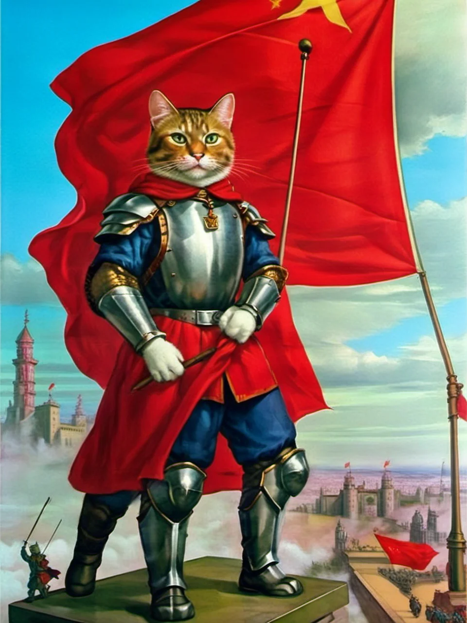 old country style painting, best quality, masterpiece, Red flag waving in urban area, oversized cat covered in armor <lora:æ§å½é£:0.8>