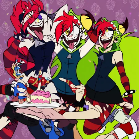 birthday party, cake, demencia, red hair, green ponytail, striped thighhighs, single striped sock, anklet, green monster hood, yellow eyes, sharp teeth, dark blue hoodie, single striped sleeve, red sneaker, blue sneaker, black skirt, smile, eyeshadow, spiked bracelet, zipper pull tab, torn pantyhose, glove, tongue out