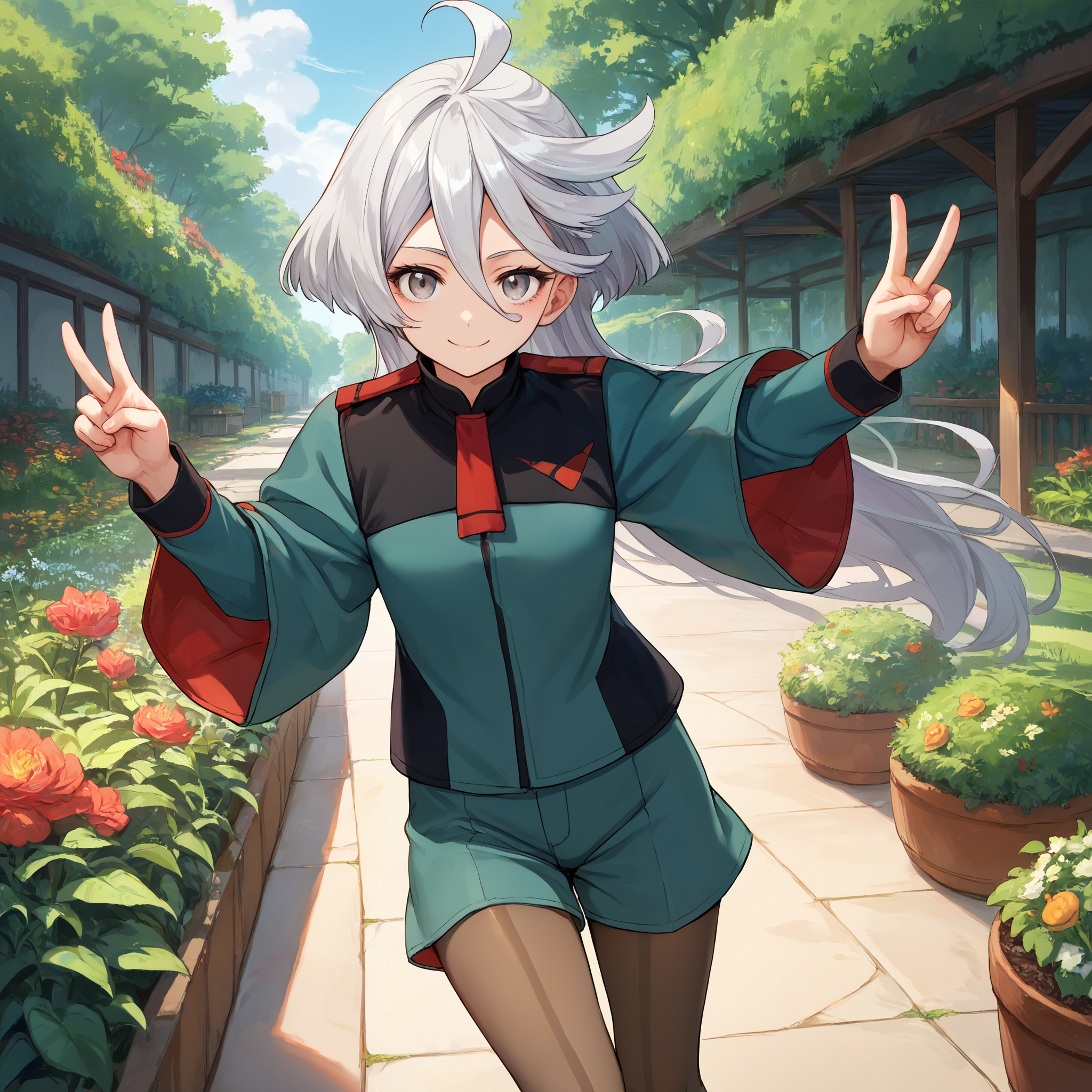score_9, score_8_up, score_7_up, score_6_up, score_5_up, score_4_up, BREAK source_anime, look at viewer, 1girl, garden, close up, double V, smiling, masterpiece, best quality, high detailed skin,  miorine rembran, asticassia school uniform, grey hair, long hair, ahoge, grey eyes, green jacket, jacket, long sleeves, school uniform, shoulder boards, green shorts, seamed legwear, pantyhose,