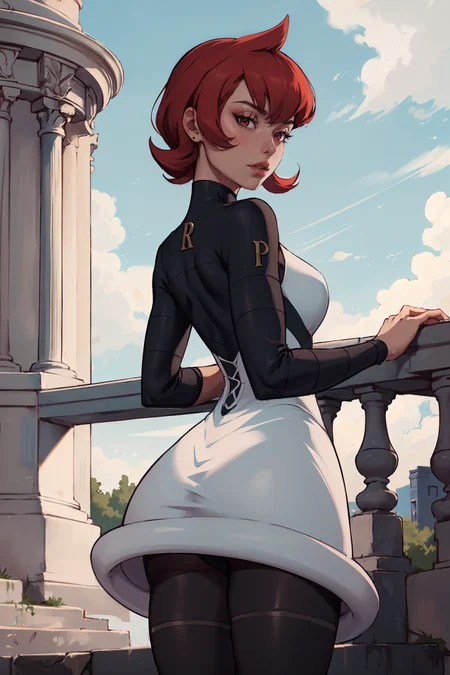 (masterpiece,best quality,absurdres,beautiful,aesthetic,detailed),1girl, pkmnmars,black and white dress, long sleeves, black pantyhose, <lora:pkmnmars-nvwls-v1:0.8>
