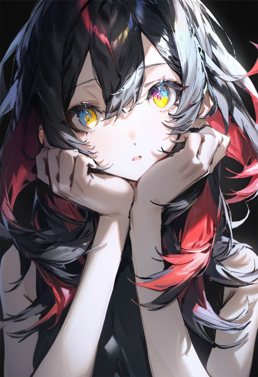 masterpiece, best quality,<lora:QUASARCAKE_XL_ANI31_lokr_V42310:0.95> 1girl, solo, looking at viewer, multicolored eyes, black background, yellow eyes, black hair, parted lips, multicolored hair, simple background, hands on own face, hair between eyes, red hair, hands up, portrait, open mouth, sleeveless, upper body, medium hair