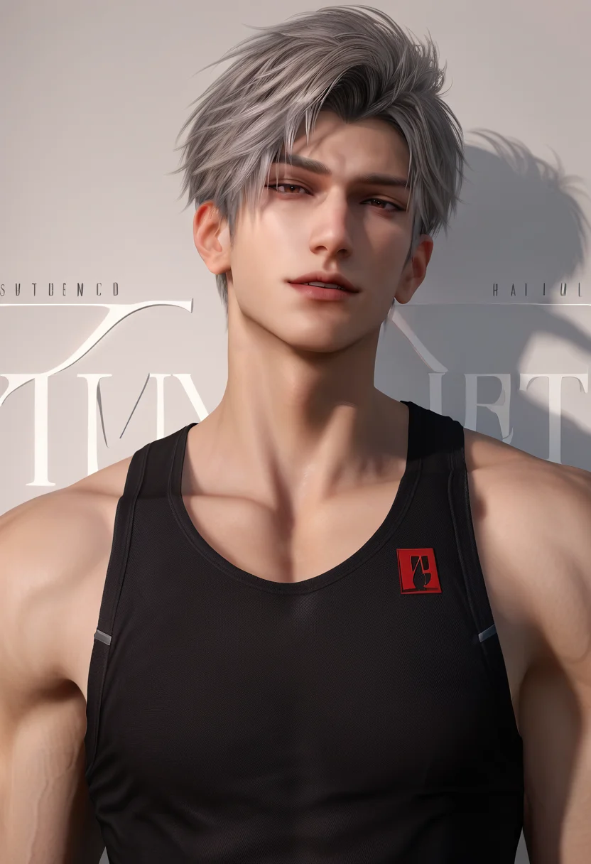 score_9,score_8_up,score_7_up,1boy,solo,yaoi,bara,male focus,fairly nsfw,uncersored,highres,best quality,amazing quality,best aesthetic,absurdres,<lora:add-detail-xl:1>,<lora:Sylus:0.5>,sylus,realistic,white shirt,black tank top,parted lips,red gloves,(magazine cover),(cowboy shot),arm_at_side,