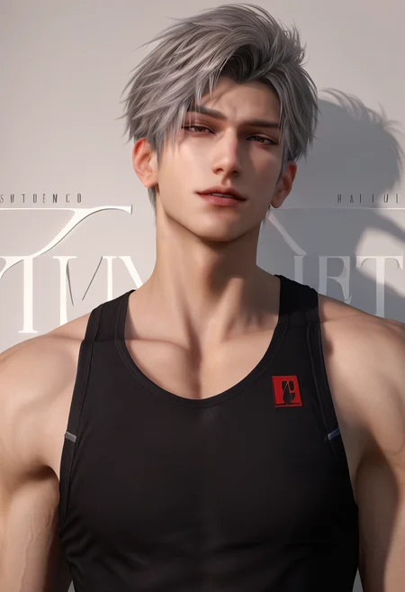 score_9,score_8_up,score_7_up,1boy,solo,yaoi,bara,male focus,fairly nsfw,uncersored,highres,best quality,amazing quality,best aesthetic,absurdres,<lora:add-detail-xl:1>,<lora:Sylus:0.5>,sylus,realistic,white shirt,black tank top,parted lips,red gloves,(magazine cover),(cowboy shot),arm_at_side,