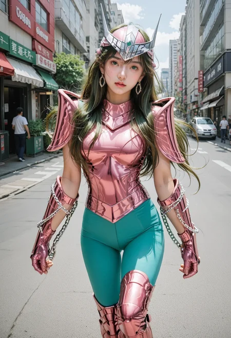 score_9,score_8_up,score_7_up,8k,1girl,heavy make-up,outdoors,city,street,tokyo,shinjuku,large breasts,slim waist,wide hips,dynamic pose,
upper body,<lora:saintseiya5-pony-v70-000006:0.8>,1gshun,pink armor,green leggings,armor,green hair,long hair,breasts,boots,helmet,gloves,gauntlets,pauldrons,armored boots,shoulder armor,chain,skin tight,vambraces,thigh boots,pink gloves,greaves,breastplate,earrings,shoulder pads,bodysuit,green eyes,