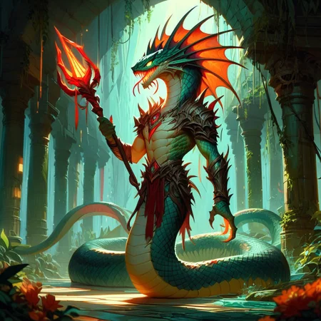 score_9, score_8_up, score_7_up, naga, holding a glowing trident in a grotto