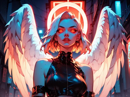 score_9, score_8_up, score_7_up, score_6_up, score_5_up,   <lora:g0th1c2XLP:1> g0th1c, glowing eyes, neon lights, angel, 1girl,