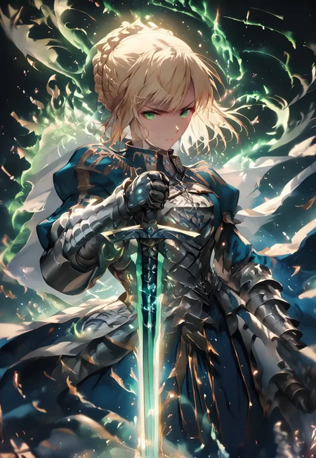 score_9_up, score_8_up, score_7_up, (Anime_source), high detail face, best quality, absurd res, 1girl, blonde hair, green eyes, short hair, french braid, SaberArmor, breastplate, blue dress, gauntlets, juliet sleeves, faulds, holding sword, Excalibur, planted sword, aura, particles, cowboy shot, floating hair, looking at viewer