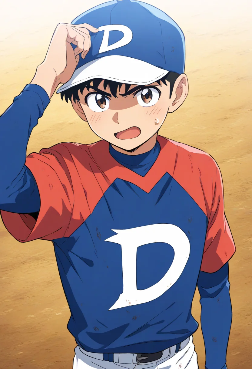 masterpiece,high score,great score,absurdres,goro honda,goro honda\(little league\),1boy,male focus,hat,solo,sportswear,baseball cap,dirty,upper body,open mouth,adjusting headwear,looking at viewer,baseball uniform,sweatdrop,hand on headwear,adjusting clothes,mifune dolphins baseball jersey,blue shirt,<lora:Goro_Shigeno_V1-1:0.8>,official art,