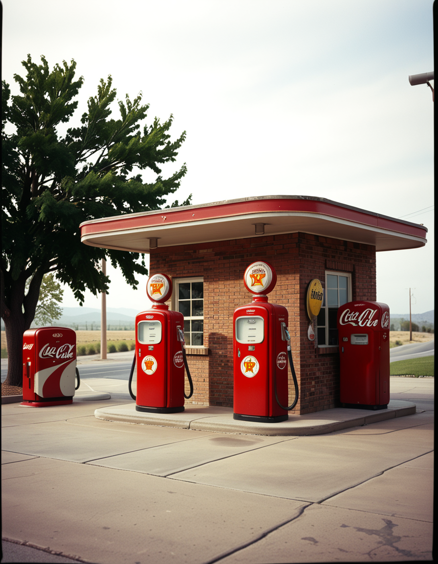 A realistic vintage photograph of a 1950s American gas station with no people present. The small brick building has a flat roof with a wide canopy extending over two classic red gas pumps from the 1950s, featuring chrome details, round meters, spiral hoses, and retro branding like "Texaco" or "Shell".The ground is old concrete with cracks and oil stains. Beside the station, there's a vintage Coca-Cola vending machine and a hand-painted wall sign that reads âDrive Safely!â. The sky is lightly overcast, casting soft shadows and a nostalgic mood. In the background, leafy trees, distant low hills, and an empty country road stretch into the distance. The photo has a slightly faded, desaturated color palette with warm vintage tones and a subtle grain, mimicking the look of 1950s Kodak film photography. The overall atmosphere is calm, quiet, and deeply nostalgic.
<lora:SDXLFaeTastic2400:0.4> <lora:extremely_detailed:0.4> extremely detailed, <lora:1950s_American_gas_st4t10n:1>,1950s American gas st4t10n, Masterpiece,best quality,hi res,8k,hi res,8k,award winning,(sharp focus, intricate, highly detailed),