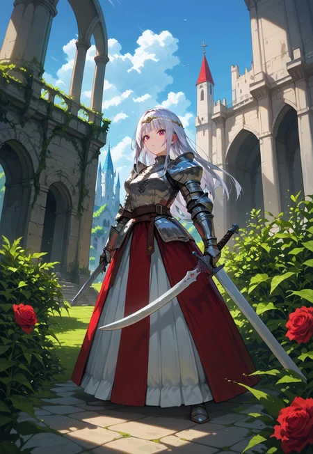 safe_pos, (score_9, score_8_up, score_7_up, score_6_up, score_5_up, score_4_up), absurdres, ultra-detailed, 1girl, solo, hime style hair, knight, armor, plate armor, silver armor, shiny armor, engraved, skirt, red skirt, long skirt, red sash, circlet, holding sword, one sword, large sword, jeweled sword, leather straps, silver hair, long hair, red eyes, breasts, slim, beautiful, calm, slight smile, outdoors, castle, medieval castle, columns, ruins, scenery, day, blue sky, garden, roses, colorful flowers, vines,
