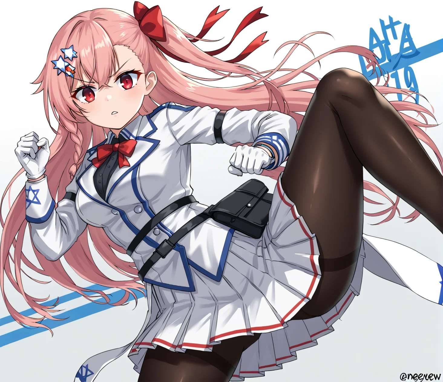 <lora:Negev_Girls_Frontline:1> negev, pink hair, red eyes, bangs, star of david hair accessories, white gloves, skirt, pantyhose,  fighting pose,