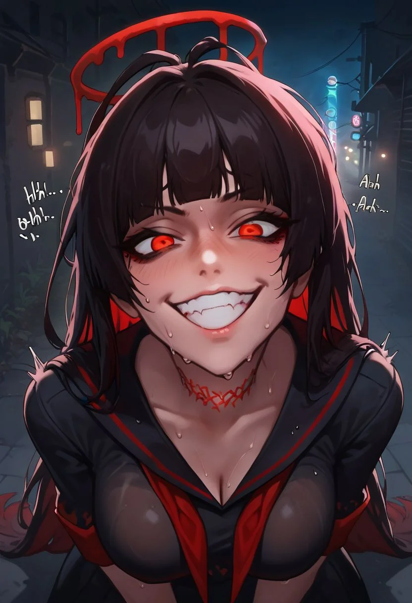 score_9, score_8_up,score_7_up, score_6_up, score_5_up, score_4_up,
tsurugi, blue archive, neck tatto,halo, red eyes, hair eye shadow, wing, thorny wing,featherless wing, bloody halo,sharp teeth, evil facial expression,black dress, bloody black dress, loose shirt, black serafuku, antena hair, red neckerchief, blunt bangs, black nails,
(glowing skin, sweaty skin, wet skin, (extreme sweating), light reflect skin, wet effect, high quality skin, high quality shadow, light shadows on skin, ring lights skin reflection, glowing sweating drop, high quality lighting, neon light reflect on skin, ultra qualty skin),
dark alley, night, outdoors,
rim light, red neon lights, volumetric lighting,
motion lines, sound effects, fantasy, nsfw,
high angle shot, high angle view,
A girl posing slutty, smug, smiling,
solo, 1girl,