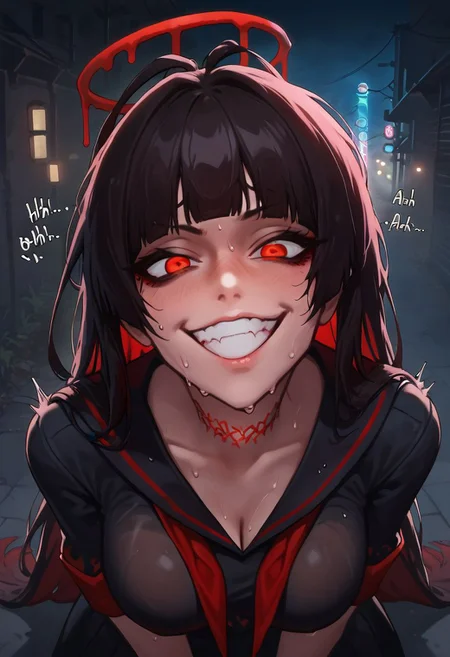 score_9, score_8_up,score_7_up, score_6_up, score_5_up, score_4_up,
tsurugi, blue archive, neck tatto,halo, red eyes, hair eye shadow, wing, thorny wing,featherless wing, bloody halo,sharp teeth, evil facial expression,black dress, bloody black dress, loose shirt, black serafuku, antena hair, red neckerchief, blunt bangs, black nails,
(glowing skin, sweaty skin, wet skin, (extreme sweating), light reflect skin, wet effect, high quality skin, high quality shadow, light shadows on skin, ring lights skin reflection, glowing sweating drop, high quality lighting, neon light reflect on skin, ultra qualty skin),
dark alley, night, outdoors,
rim light, red neon lights, volumetric lighting,
motion lines, sound effects, fantasy, nsfw,
high angle shot, high angle view,
A girl posing slutty, smug, smiling,
solo, 1girl,