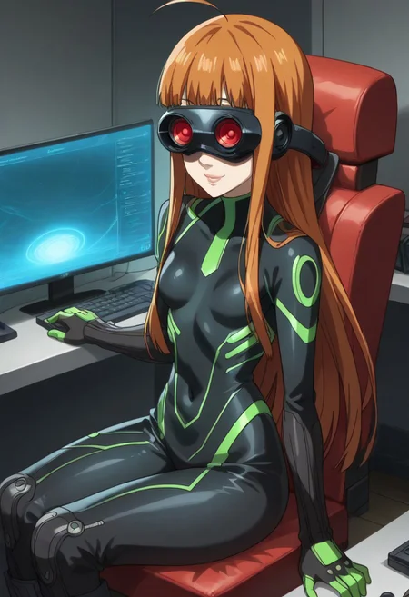 score_9, score_8_up, 1girl, Sakura Futaba, <lora:futaba.pony:0.8> futaba, navi, source_anime, anime screencap, anime coloring, 2d, Expressiveh, beautiful orange hair, blunt bangs, long hair, perfect shiny hair, full lips, ultra-detailed eyes, beautiful eyes, beautiful feminine face, perfect face, beautiful skin details, perfect slender proportions, ultra-narrow, waist, ultra-flared hips, perfect ultra-tight ass, thin tighs, shapely legs, small breasts, kindentation, bodysuit, impossible clothes, gloves, boots, googles, head mounted disoplay, bw-chair, pink light effects, indoors, detailed background, sci-fi, unlit dark room, sitting on chair, red chair, gaming chair, cables connected, smiling, viewed from above,  zPDXL2