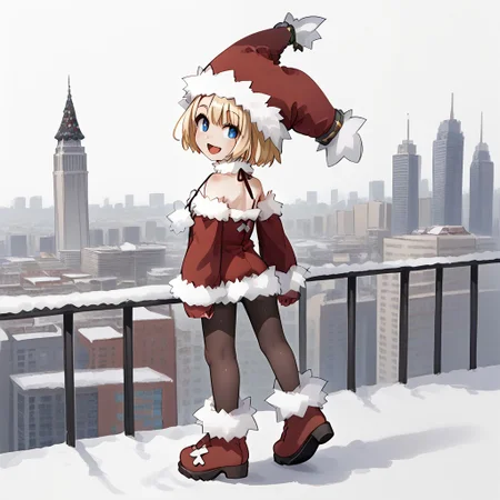 , cheek, fur-trimmed boots, 1girl_Witch, arched back, fur-trimmed headwear, Look here, white background, 1girl_witch, solo, fur-trimmed dress, bare shoulders, red footwear, pantyhose, fur-trimmed sleeves, smile, open mouth,fur-trimmed red clothes, full body, outdoor,city,anime,animation,