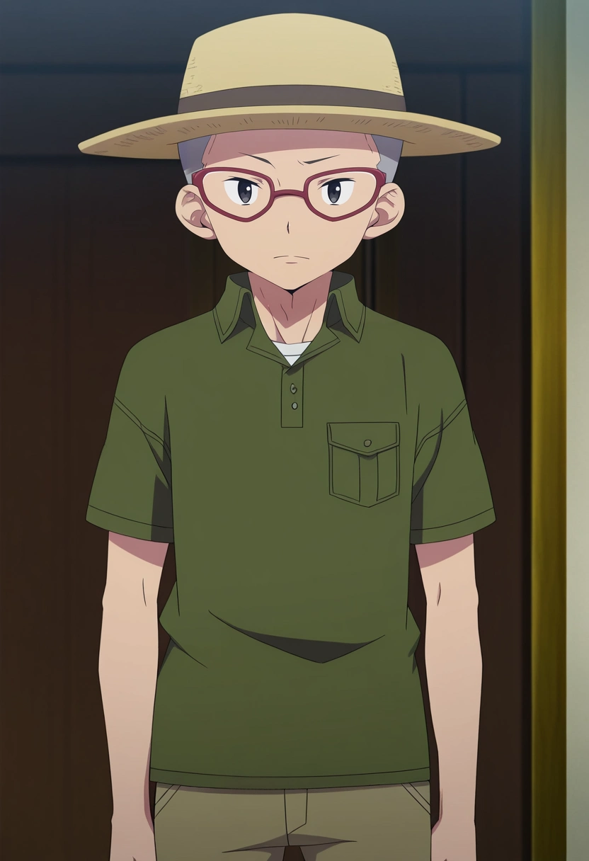 masterpiece, best quality, anime screencap, official style, anime coloring, cowboy shot, 1boy, solo, male focus, <lora:konekomaru_miwa_ilxl:0.98>, konekomaru_miwa, grey hair, black eyes, very short hair, glasses, red-framed eyewear, , , Trousers, Cargo shirt, Brogues, Panama hat,