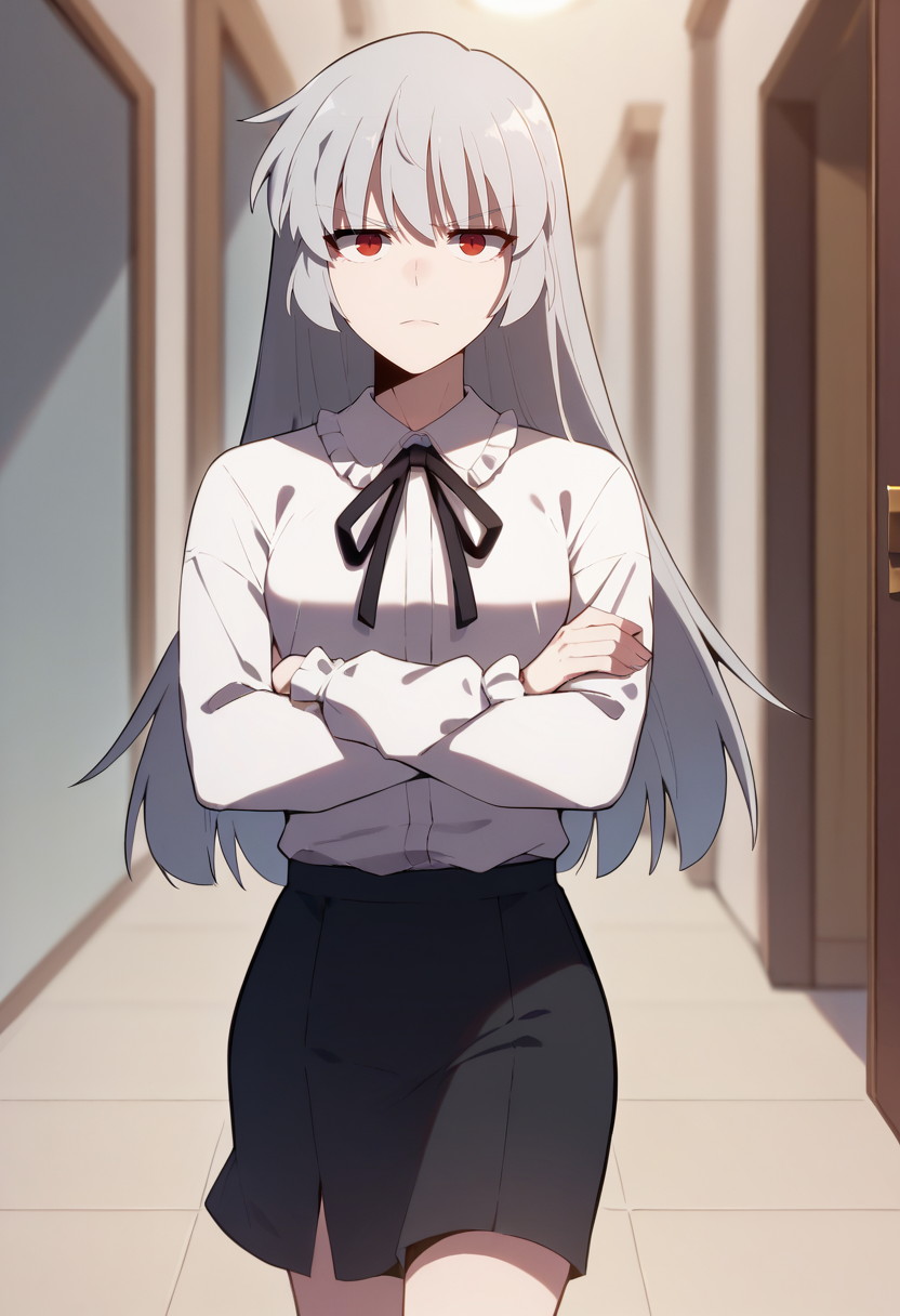 score_9, score_8_up, score_7_up,
<lora:SoloMaxLevelNewbie_AliceXL:0.8>, AliceSMLN,
1girl, solo, closed mouth,
grey hair, long hair, red eyes,
AliceNice, white shirt, frilled collar, black ribbon, black skirt, 
walking, looking at the viewer, crossed arms,
indoors, blurry background