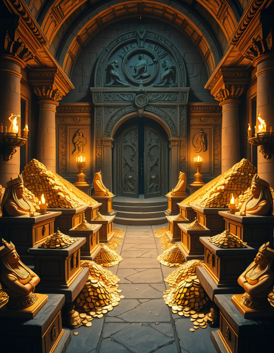 A hidden treasure chamber deep within an ancient temple, illuminated by the warm golden glow of torches and mystical blue light from enchanted crystals. The room is filled with piles of gold coins, jewel-encrusted goblets, and ancient artifacts covered in dust. Massive stone statues of forgotten deities guard the chamber, their eyes glowing faintly as if watching intruders. In the center, a grand pedestal holds a legendary artifactâan ornate golden crown encrusted with emeralds and sapphires, shimmering with an otherworldly aura. The walls are adorned with intricate carvings depicting lost civilizations, and creeping vines hint at centuries of abandonment. The atmosphere is mystical and slightly eerie, with a sense of both wonder and danger. The air is thick with the scent of aged parchment and burning incense, adding to the chamberâs ancient and mysterious feel. Cinematic lighting with dramatic shadows enhances the depth and richness of the scene, creating a visually stunning and immersive environment.
<lora:SDXLFaeTastic2400:0.4> <lora:extremely_detailed:0.4> extremely detailed,treasure ch4mb3r, <lora:treasure_ch4mb3r-i:1>, Masterpiece,best quality,hi res,8k,hi res,8k,award winning,(sharp focus, intricate, highly detailed),
