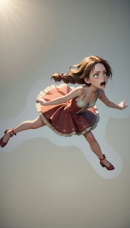score_9, score_8_up, score_7_up,masterpiece,best quality,high quality,rating_safe,sfw,anime artwork,cinematic,very aesthetic,natural lighting,3d cartoon, 1girl french,hazel eyes,solo, (((young adult)),older),Bungy Jumping, falling,screaming, frown, long brown hair, pony tail hairstyle,ribbon-trimmed dress,small breasts, detailed skin,intricate skin details, freckles:1.5, from behind, cropped torso, simple background, overcast flat lighting, detail shadow, detailed skin texture, natural skin, clean skin pores, highly detailed iris, highly detailed skin texture, perfect eyes,intricate details,extremely detailed, highly detailed, detailed,absurdres,Hires