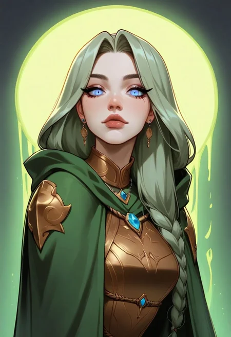 masterpiece, best quality, 1girl, solo, cute, eyelashes, (beautiful eyes), beautiful lips,
,,,
upper body, leaning forward, portrait,
A stunning huntress ranger character, 1girl, standing upright in a dark, thick woodland setting. She wears detailed, light green wooden armor with intricate carvings, an emerald necklace glowing faintly, and an elegant emerald green cloak. Her archer outfit is vividly textured, with ginger hair flowing naturally, piercing blue eyes, and a bow shimmering with poison dripping from its edges. The scene is illuminated with cinematic warm lighting, featuring crisp, sharp details on her outfit and surroundings. The character exudes a primordial and wild aura, blending seamlessly into the shadows yet remaining visually striking. Ethereal and artistic style with high focus, enhanced textures, and vivid contrasts. A dramatic and clear cowboy body shot, capturing her poised, mysterious look as she gazes directly at the viewer.