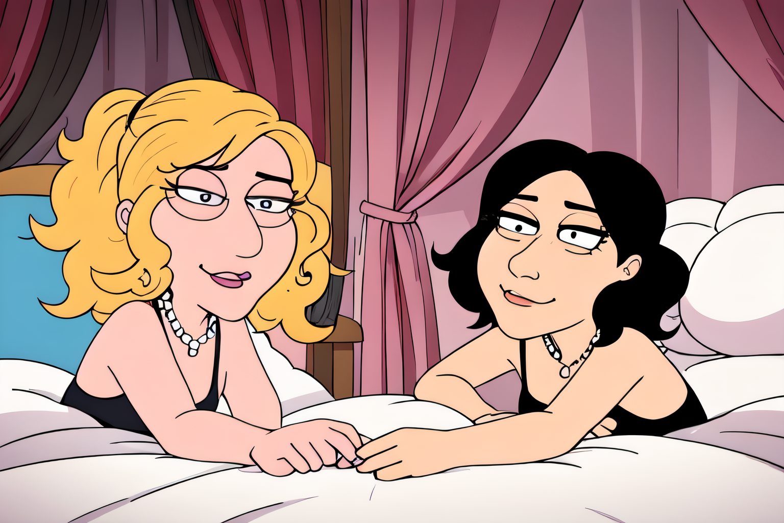 two woman in bed in the bedroom, (well draw eyes and eye pupil:1.2), EdobFamilyGuy  <lora:EdobFamilyGuy_v1.0:0.8>