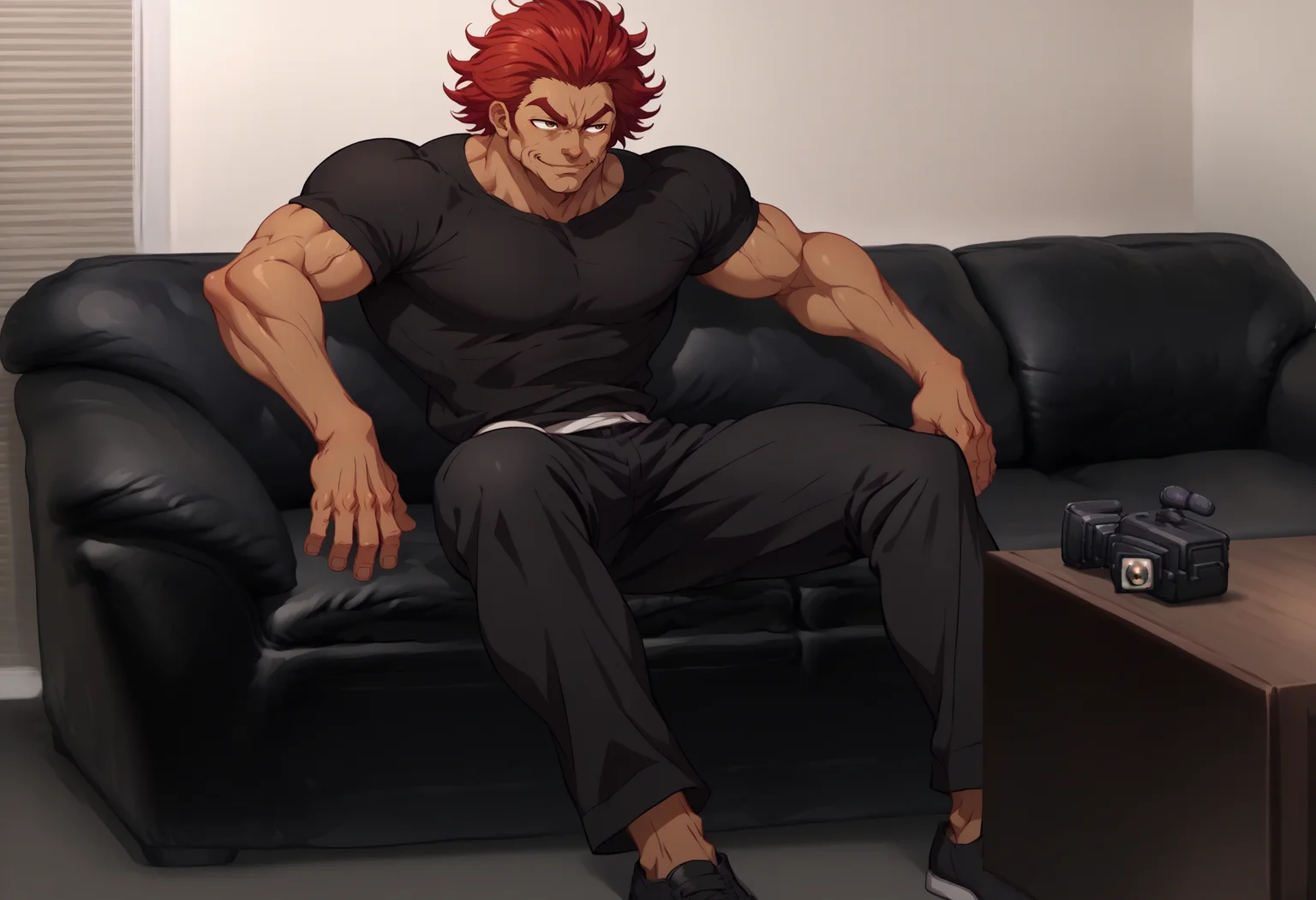 score_9, score_8_up, score_7_up, source_anime, 1boy, casting couch, couch, <lora:CastingCouch_XLPD:0.85>, sitting, <lora:Char-YujiroHanma-pony:0.8> YujiroHanma, black shirt,muscular male, black pants,short sleeves, brown eyes, black footwear, red hair, manly, veins, slightly dark skin, smirk