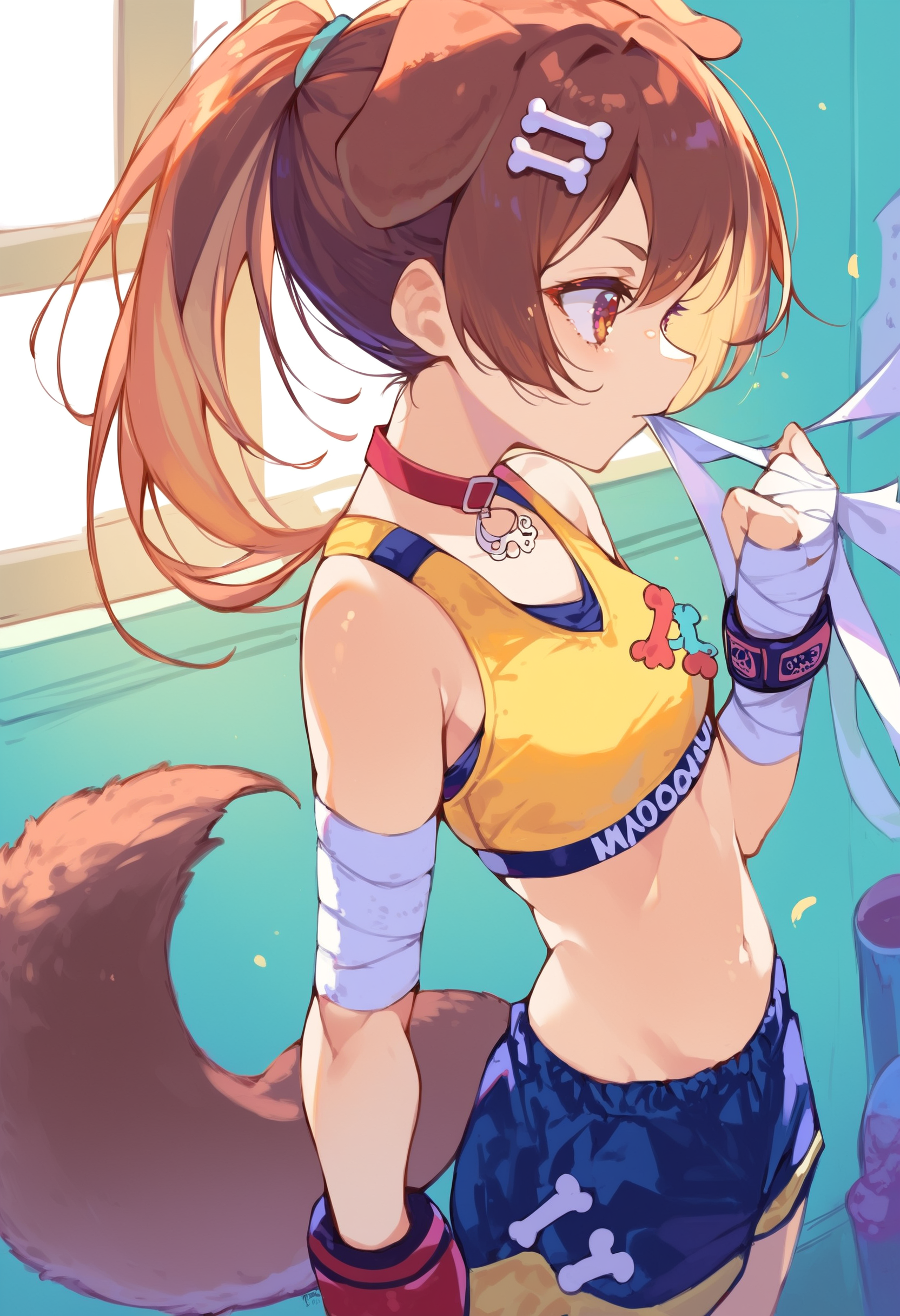 score_9, score_8_up, score_7_up, score_6_up, source anime,
<lora:inugami_korone_v1:1>  1girl, bone hair ornament, solo, dog girl, dog tail,
inugami korone boxing, yellow sports bra, red collar, blue shorts, ponytail, navel, midriff,  
bandages, bandaged arm, hand wraps, from side, from above, mouth hold,
indoors