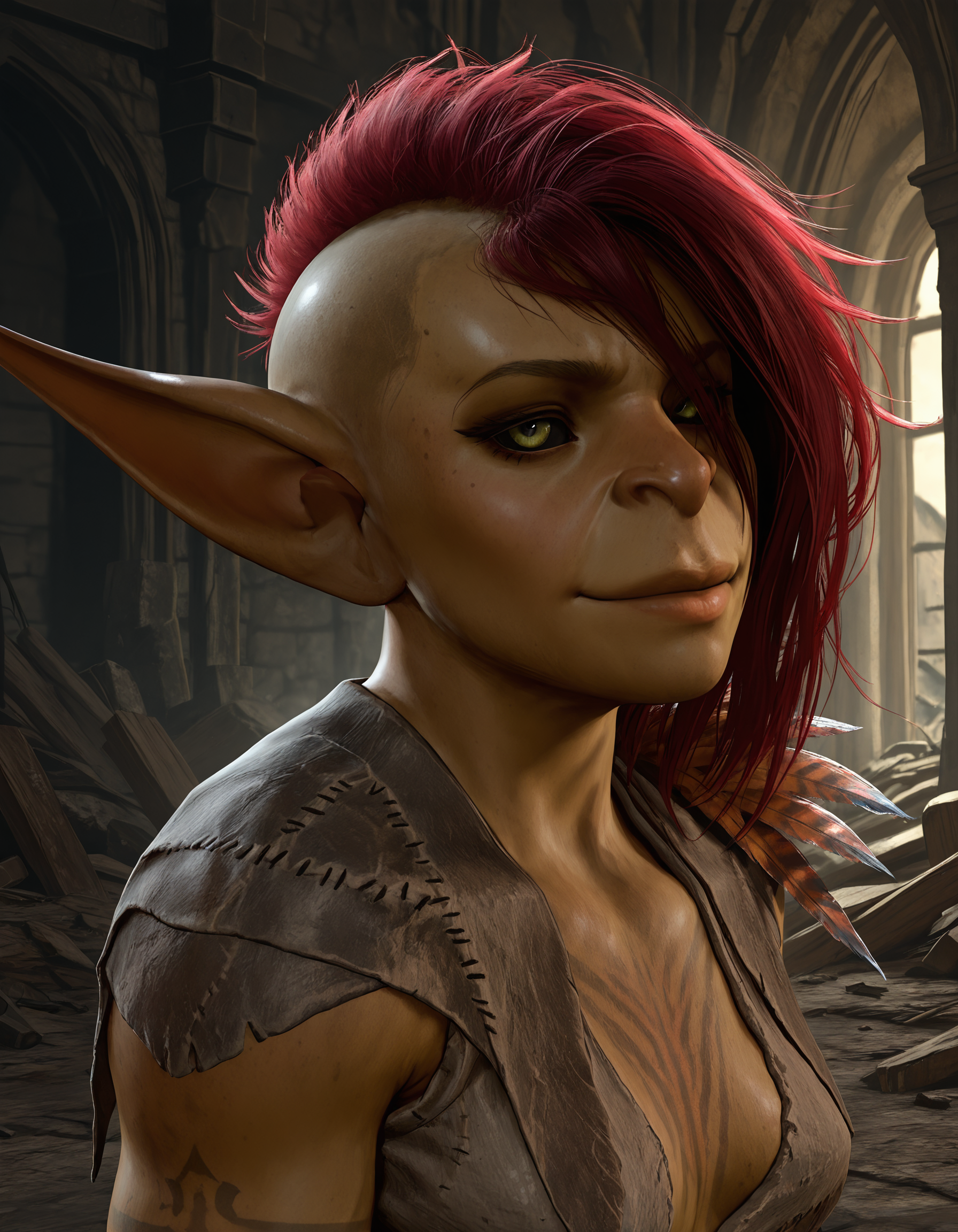 masterpiece, best quality, amazing quality, very aesthetic, absurdres, newest, <lora:BG3_SazzaGTv2b:0.85>, bg3sazza, outdoors, volumetric lighting, indoors, ruins, realistic,
1girl, female goblin, red hair, muscular female, patchwork clothes, nose, lips, shortstack, black sclera, green eyes, hair over one eye, feathers on left shoulder, tattoos, shaved head, portrait, head tilt, light smile, smug, small breasts,