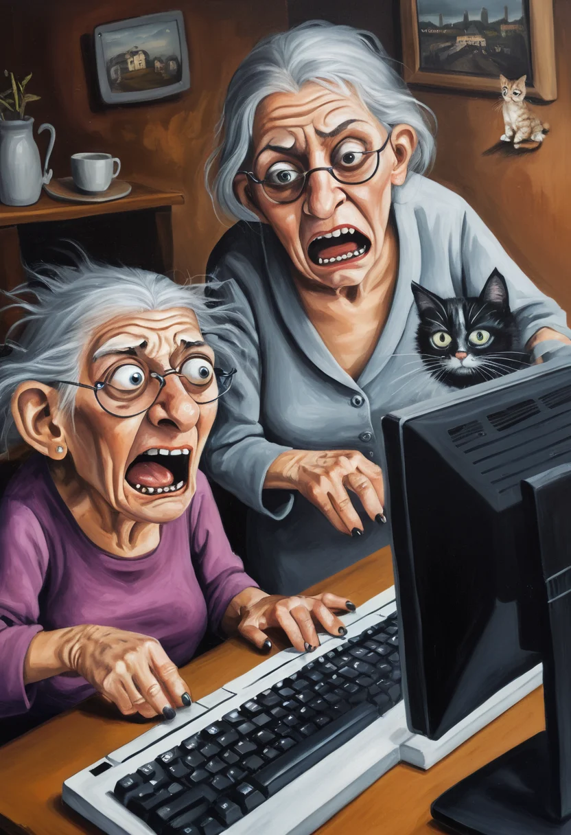 a painting of a (surprised:0.3) old woman playing in computer with a sad man and a crazy cat in the background, keyboard <lora:LojkinXL:0.3> ultra detailed