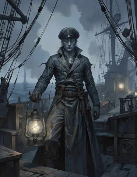 Anime CRABDM style.
A Ghostly Sailor, spectral mariner with tattered uniform, glowing white eyes, holding a spectral lantern, haunted ship deck, misty sea background, dim lanterns, atmosphere of lost voyages and ghostly tales.