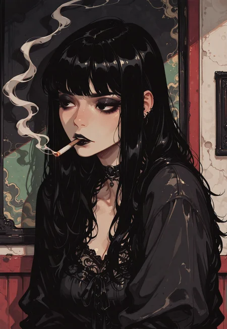 score_9, score_8_up, score_7_up, masterpiece, best quality, very aesthetic, detailed face, (dynamic:1.1), incoth, (incase:0.6), 1girl, black hair, long hair, black eyes, asian, goth, smoking, cigarette, light, smoke, curvy, upper body, (illustrative background, art illustration:1.1), keycolor, vibrant,