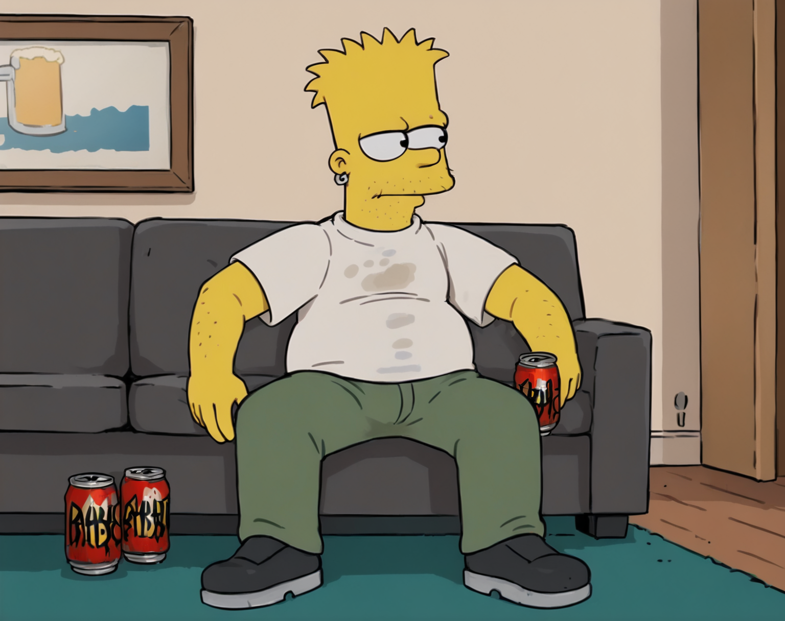 1boy, solo, bart simpson, yellow skin, spiked hair, blonde hair, black eyes,circle eyes, dot pupils, white shirt, stained shirt, pants, sofa, indoors, sitting, stubble, jewelry, earrings, beer can, <lora:AdultBart9:0.8>,