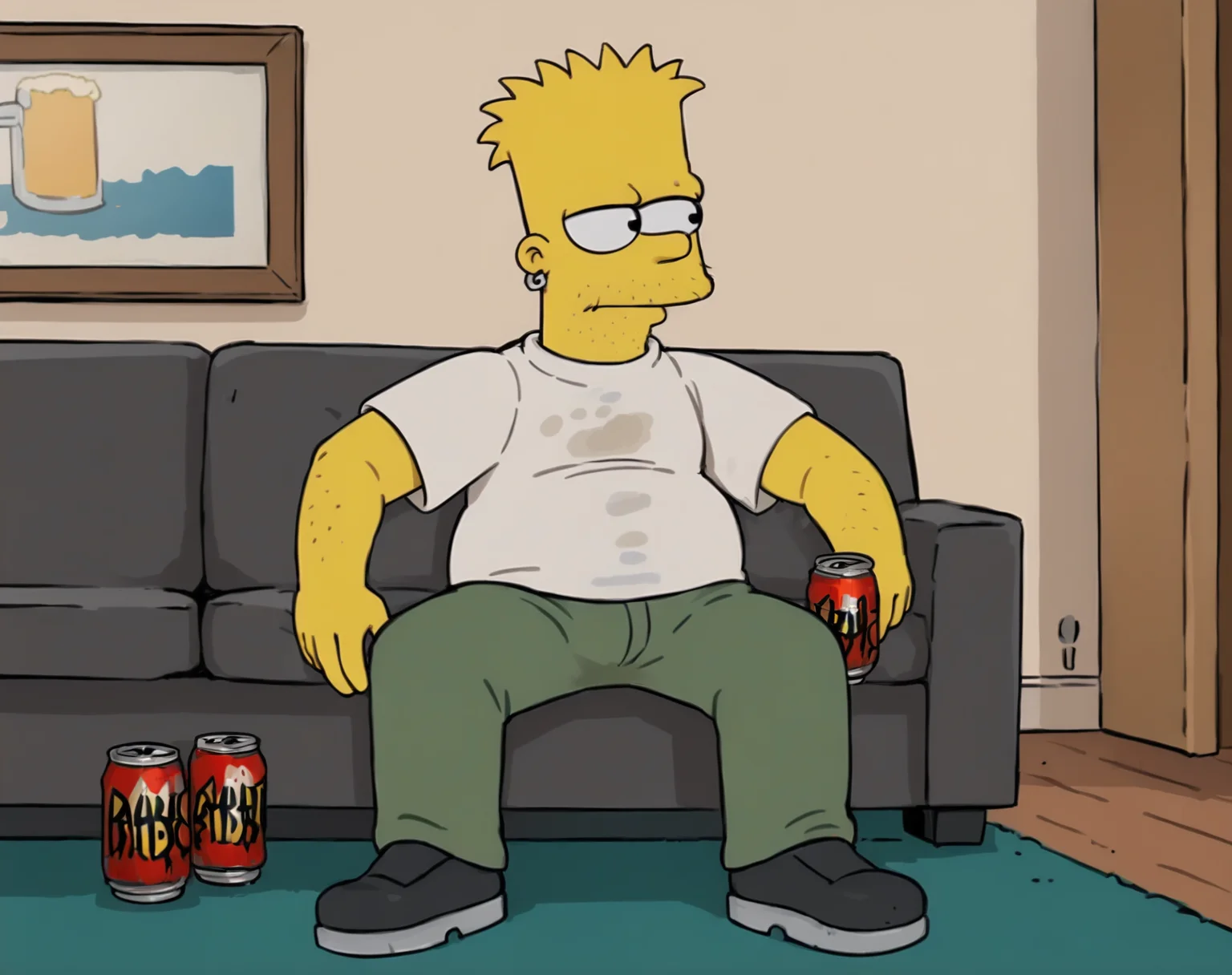 1boy, solo, bart simpson, yellow skin, spiked hair, blonde hair, black eyes,circle eyes, dot pupils, white shirt, stained shirt, pants, sofa, indoors, sitting, stubble, jewelry, earrings, beer can, <lora:AdultBart9:0.8>,
