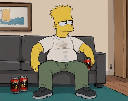 1boy, solo, bart simpson, yellow skin, spiked hair, blonde hair, black eyes,circle eyes, dot pupils, white shirt, stained shirt, pants, sofa, indoors, sitting, stubble, jewelry, earrings, beer can, <lora:AdultBart9:0.8>,