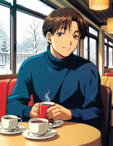 score_9, score_8_up, score_7_up, <lora:to-heart-ponyxl:0.9> 1boy, male focus, solo, fujita hiroyuki, sweater, indoors, sitting, cafe, light smile, table, winter, upper body