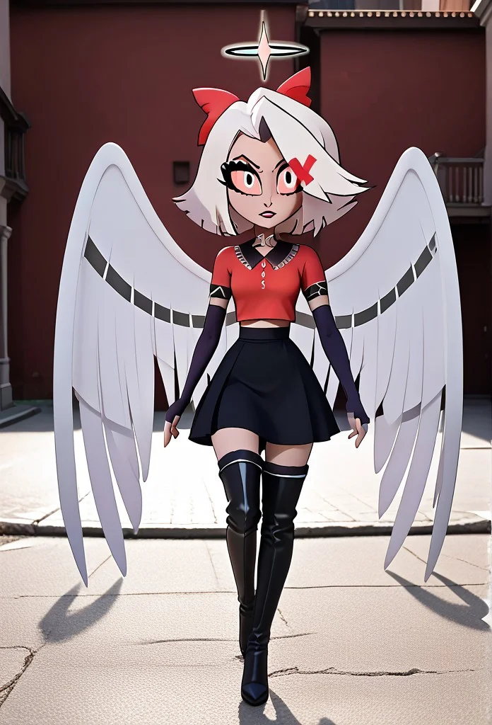 1girl, solo, facing viewer, shiny skin, shiny, mesugaki, grabbing breasts, ,(Walking positions:1.3), , (xvaggiex, white hair, very long hair, hair bow, colored sclera, hair over one eye, red shirt, crop top, black skirt, thighhighs, elbow gloves, fingerless gloves, xvaggiex, angel, angel wings, halo, white hair, short hair, colored sclera, hair over one eye, dress, thigh boots, elbow gloves:1.3), zPDXL3,SimplePositiveXLv2, masterpiece, detailed face, action shot, perfect eyes, detailed eyes, realistic eyes, solo, high resolution, ultra-detailed, 4K, perfection, chest exposed, highest quality, dynamic pose, perfect anatomy, lean, masterpiece, best quality, high res, illustration, extremely detailed, 8k, wallpaper