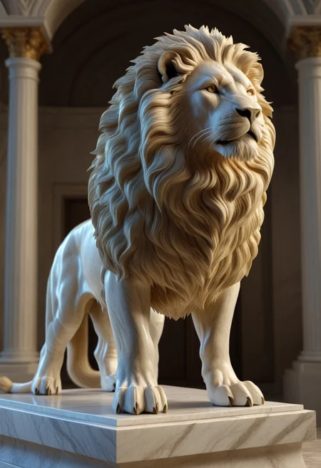 3D render of a majestic lion sculpture, hyper-realistic, intricately detailed fur, powerful stance, dramatic lighting, by Robert Kondo and Paul Komoda, high resolution, polished marble texture, museum quality display, showcasing strength and grace, with a naturalistic background. 
3d-rendering, concept-art, digital, dreaminess, futuristic, multimedia, sculpture, virtual-reality
concept-art, awesome full color, fantasy, epic, majestic, magical, dreamy, perspective, light and shadow, moody, epic, 
beautiful, painterly, aesthetic, textural, vivid, vibrant, intricate details, highly detailed, ultra-detailed, absurdres, 
fflixmj6, WhiteMold